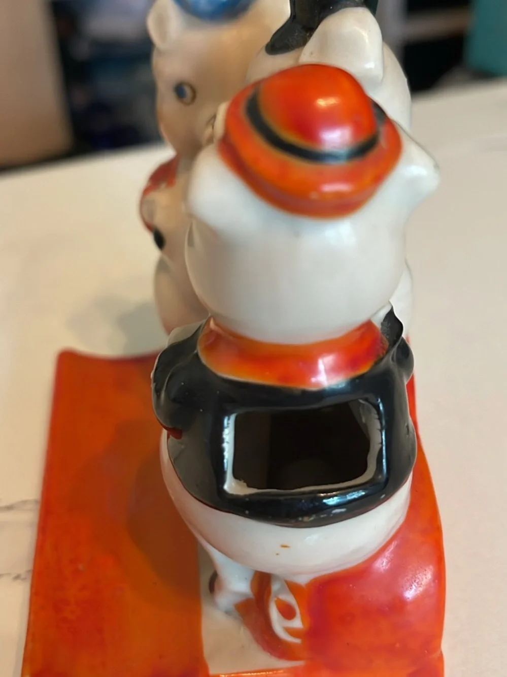 Vintage Ceramic Three Pigs Figurine in Blue, Orange and Black